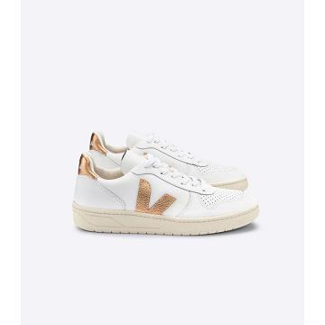 Veja V-10 LEATHER Women's Sneakers White/Gold | CA 641CTV